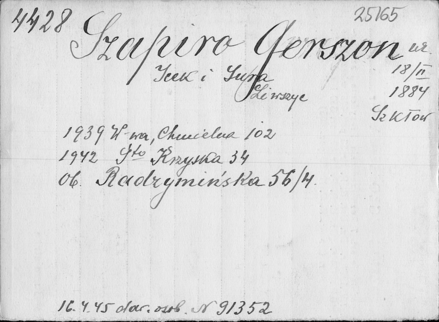 Gerszon Szapiro - Warsaw survivor registration - 1945-04-16