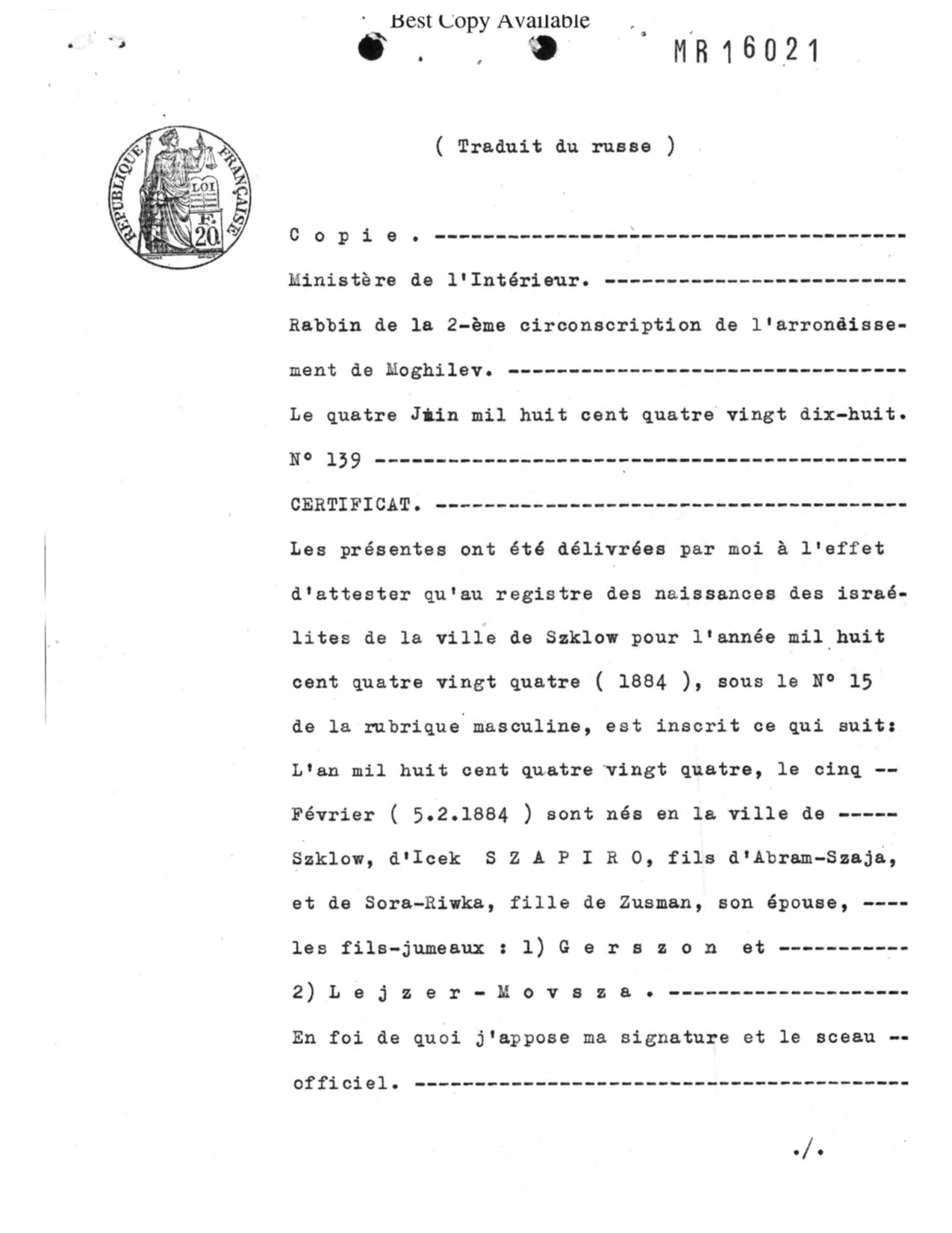 Gerszon and Leyzer-Movsha Szapiro birth certificate (French copy) - 1948-04-11
